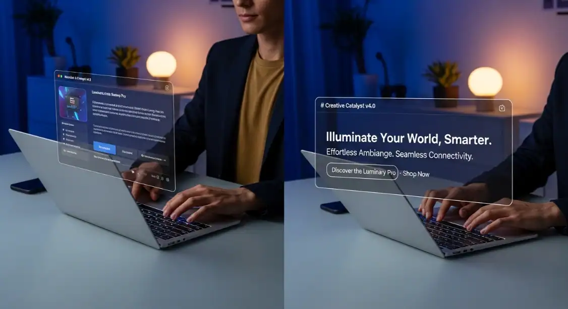Person using laptop with overlaid windows showing "Luminary Pro" app.